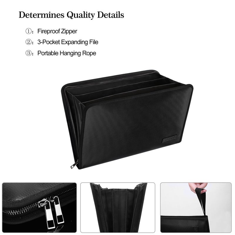 ENGPOW Expanding File Folder Important Document Organizer Fireproof & Waterproof Document Bag with A4 Size 3 Pockets Zipper Closure Non-Itchy Silicone Coated Portable Filing Wallet Pouch(14.3inx9.8inx1.6in) - Image 3